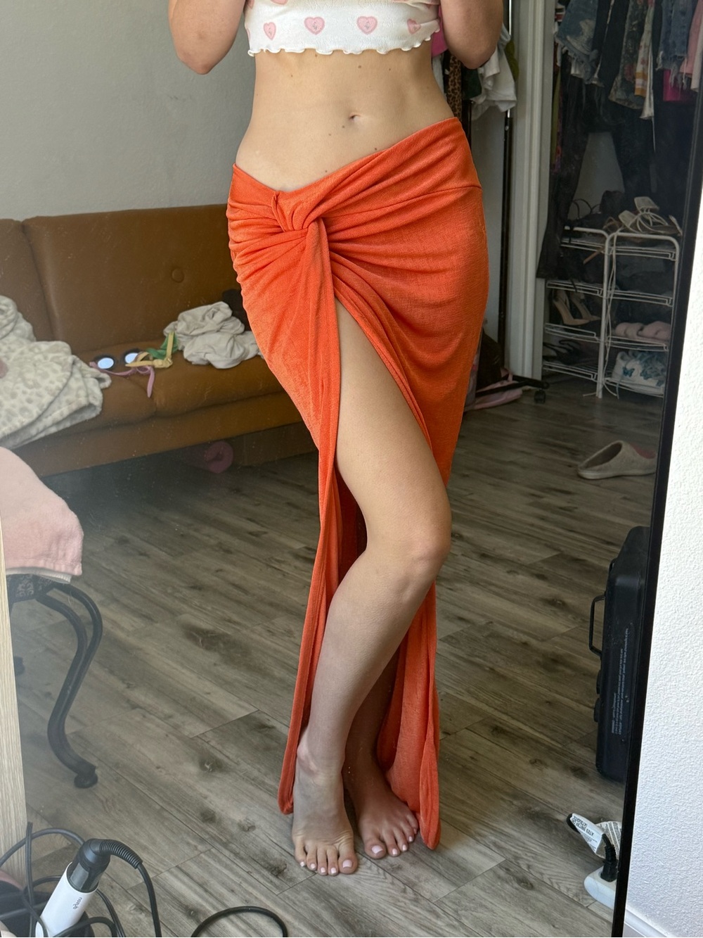 JLUXLABEL Orange Slinky Side Split Maxi Skirt (M)